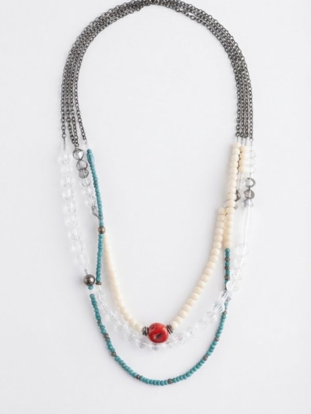 Lee Angel Women's Multi Bead Triple Strand Fireball Silver Link Necklace NIP 250